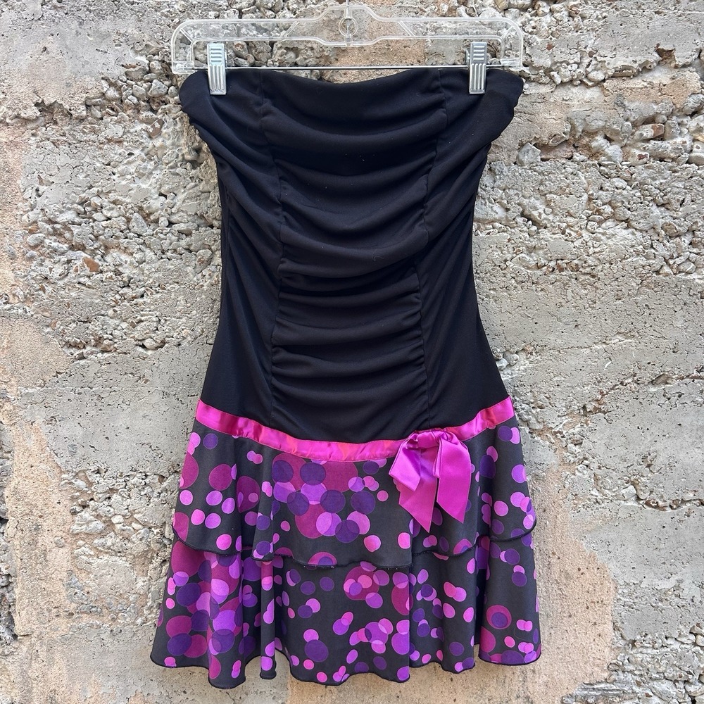 Vintage Y2K Scene Mall Emo Polka Dot Hot Pink Black Ruffle Ruched Mini Dress M